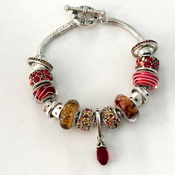 Chamilia Sterling Silver Red Orange Crystal Murano Bead Loaded Charm Bracelet - Picture 1 of 13